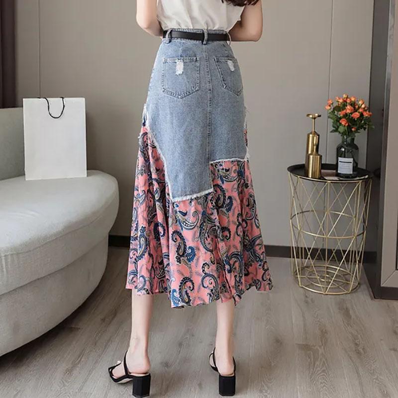 Floral Skirts Womens Medieval Pleated Long Goth Skirt A-LINE Irregular Denim Spliced Chiffon Jean Beach Maxi Skirt Y2k Summer