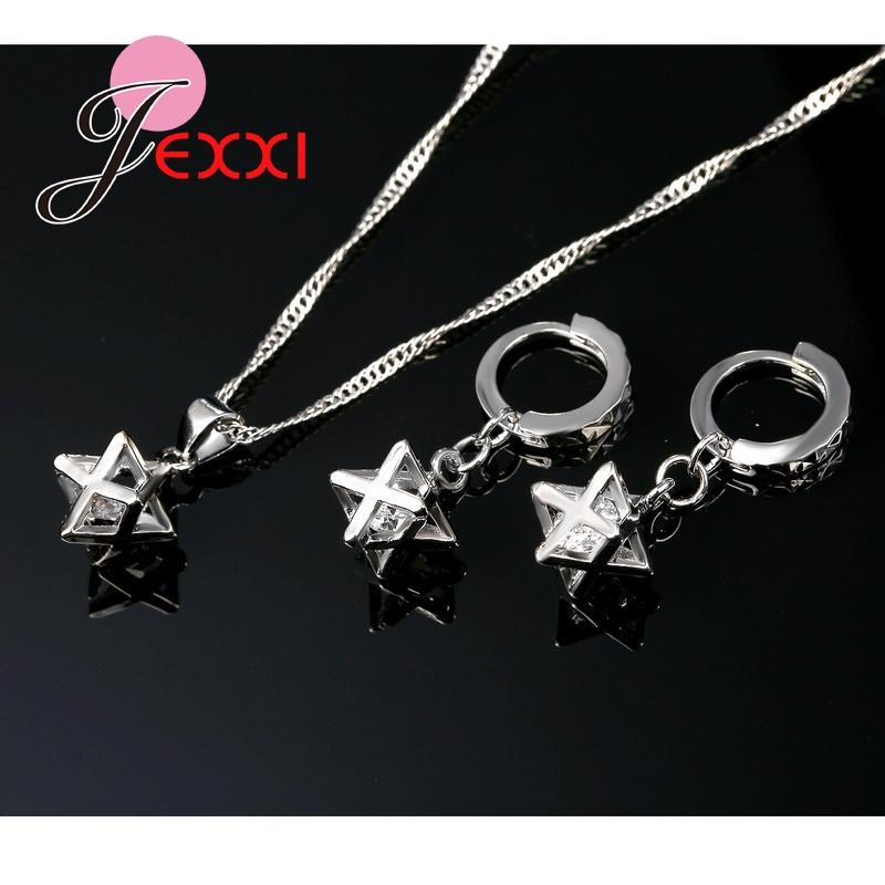 Birthday Gift 925 Sterling Silver Pendant Sets For Women Geometry CZ Austrian Crystal Necklace Earring Jewelry Set