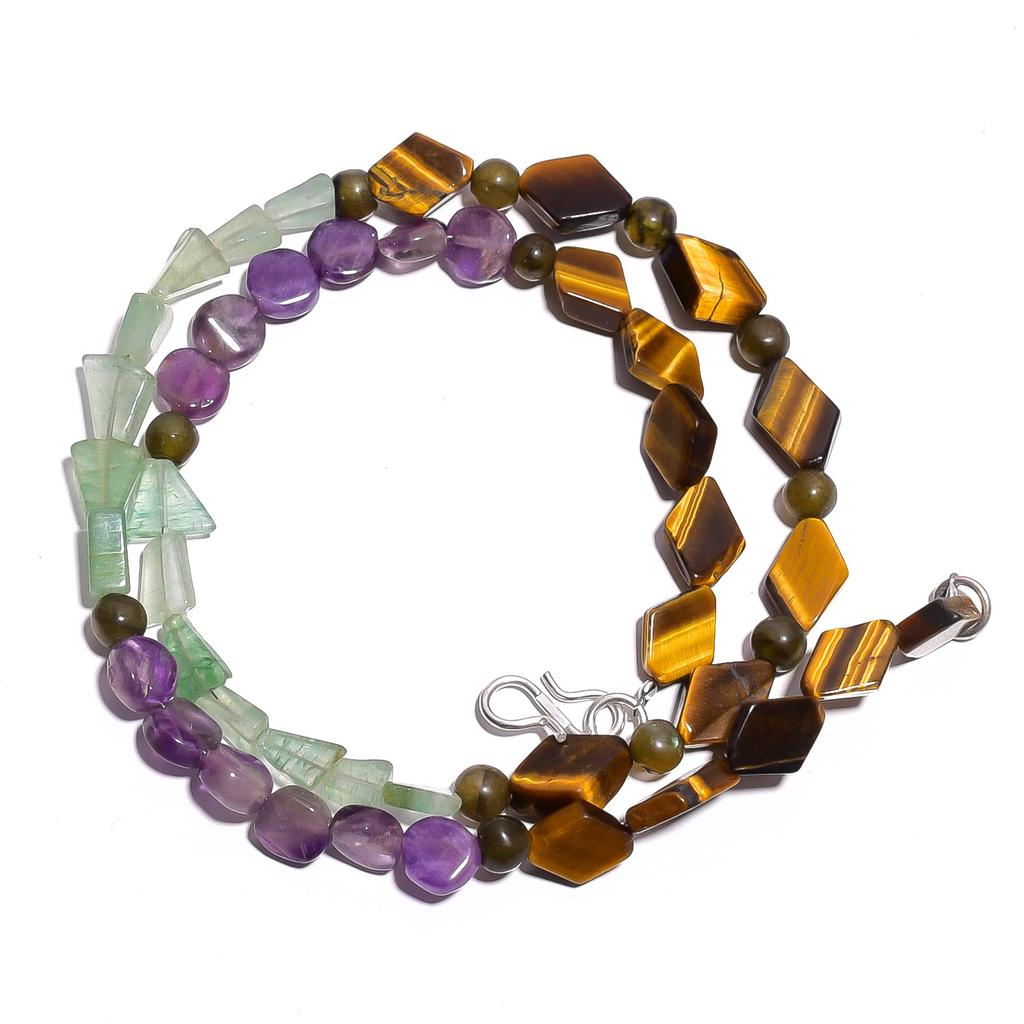 Natural Tiger Eye Amethyst Aventurine Gemstone Smooth Beads Necklace 17" UB-4333 UB-4333