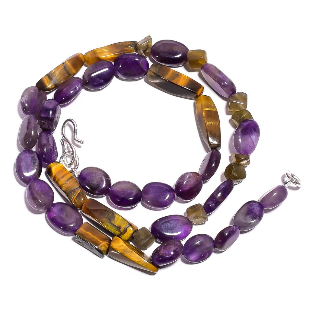 Natural Amethyst Tiger Eye Labradorite Gemstone Smooth Beads Necklace 17" UB5026 UB-5026