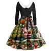 Women's Fashion Round Casual Slim Fit Christmas Print Large Swing Long Sleeve Dress