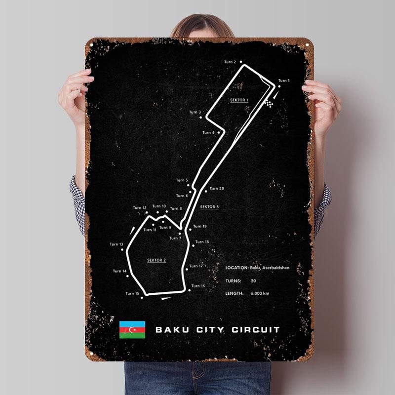 Baku Poster Racing Circuits Metal Sign Wall Art of Murals Customizable F Tracks Plaques for Home Room Decoration Retro Man Cave