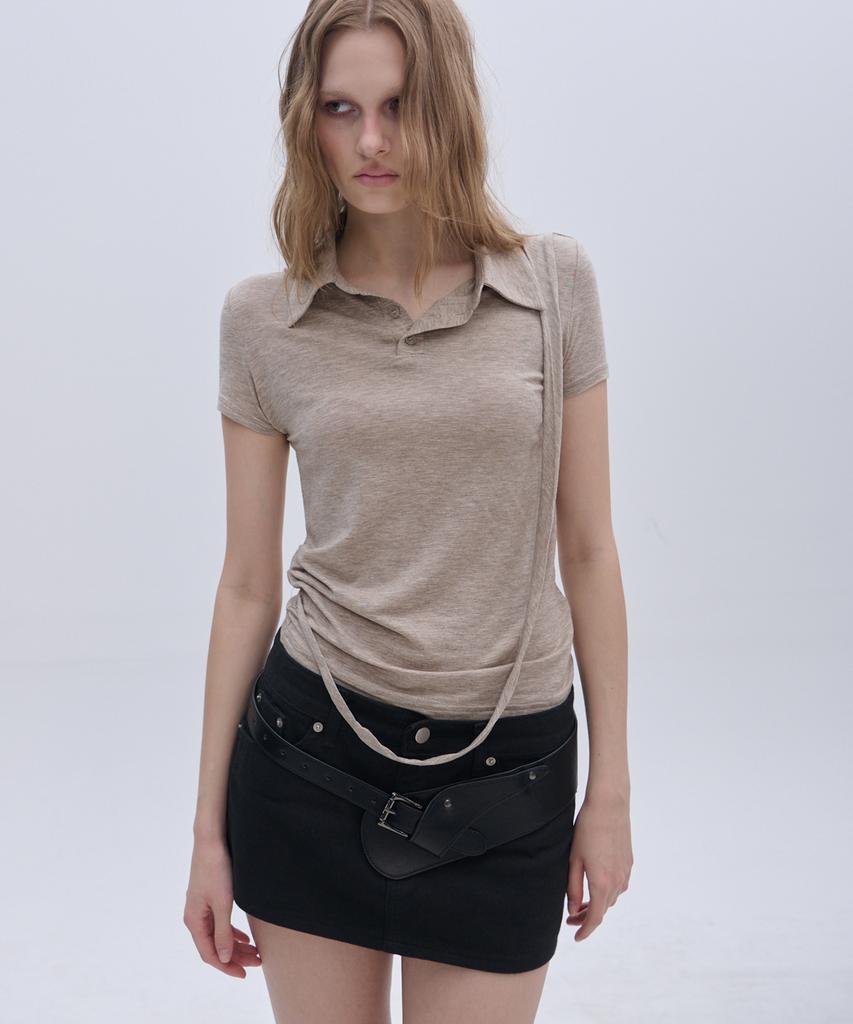 PLACE STUDIO Strap Side Shirring Slim Fit Standard Women'S Collar Soft Short Sleeve T-Shirt [Beige]