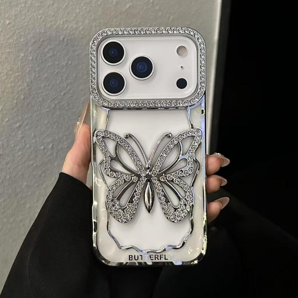 Чехол с покрытием, бабочка, полый, блестящий, с бриллиантами, для iPhone 17 16 15 14 13 Pro Max Plus, блестящий, со стразами, противоударный
