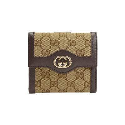 Серебряная этикетка Логотип Double G Холст и Кожа Короткий Складной Кошелек Женский кошелек Эбеновое дерево Темно-коричневый 334457-FAFXG-9643