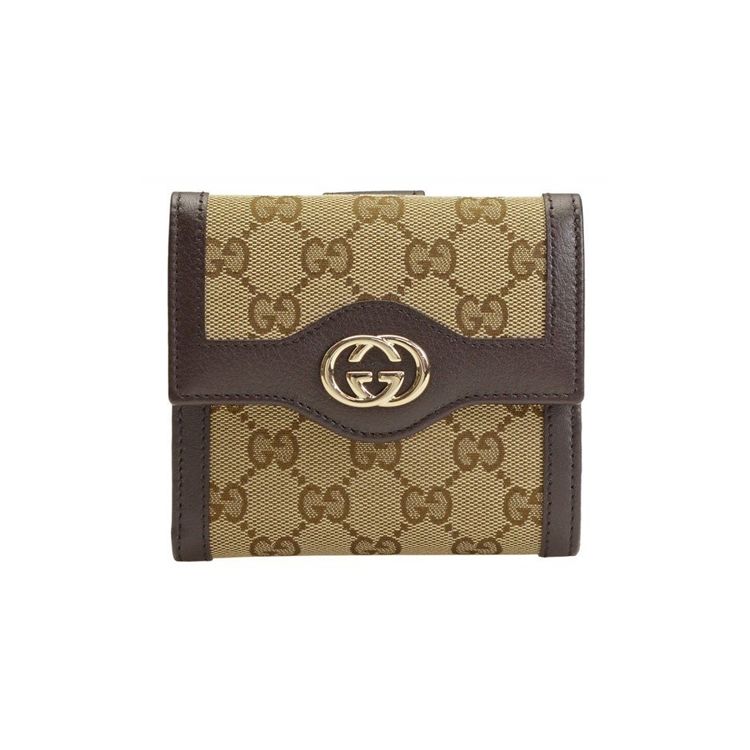 Gucci Серебряная этикетка Логотип Double G Холст и Кожа Короткий Складной Кошелек Женский кошелек Эбеновое дерево Темно-коричневый 334457-FAFXG-9643