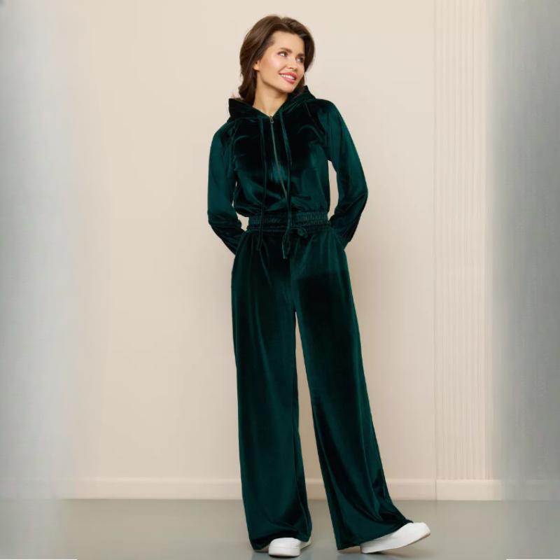 Женский повседневный спортивный костюм из 2 предметов однотонный велюровый кардиган на молнии с капюшоном с длинным рукавом + брюки с широкими штанинами на эластичной талии