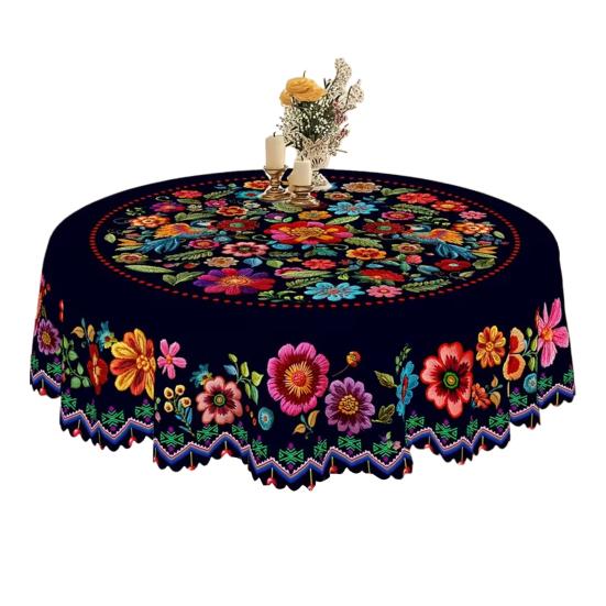 Мексиканская скатерть с цветочным принтом, круглая, с фестончатым краем, красочная скатерть с узором в стиле народного искусства для дома, фермерского дома, обеденного стола
