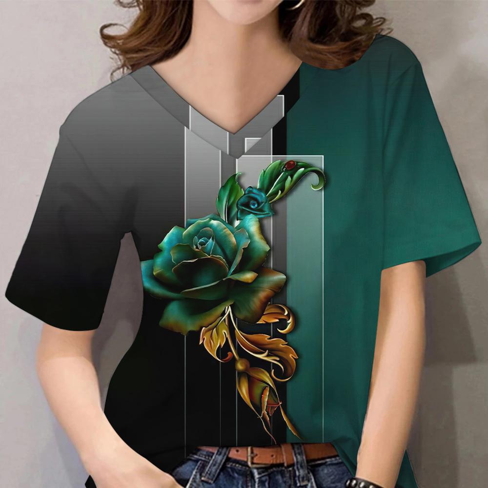 Женские топы с 3D цветочным принтом и коротким рукавом с V-образным вырезом, летние футболки для влюбленных пар