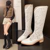 Женские летние ботфорты из ПУ кожи с перфорацией в виде цветка, дышащие, белые, черные, до колена, боты на массивном каблуке