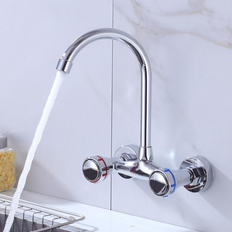 652F 360 Rotate Wall Mounted Kitchen Faucet Double Handle Operation Strong Brass Construction Hot Cold Water Control