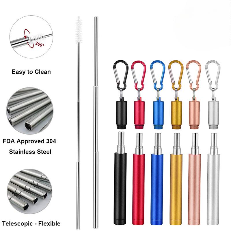 Reusable Stainless Steel Metal Telescopic Straw Collapsible Portable Travel Drinking Folding Straw Set with Cleaning Brush Case