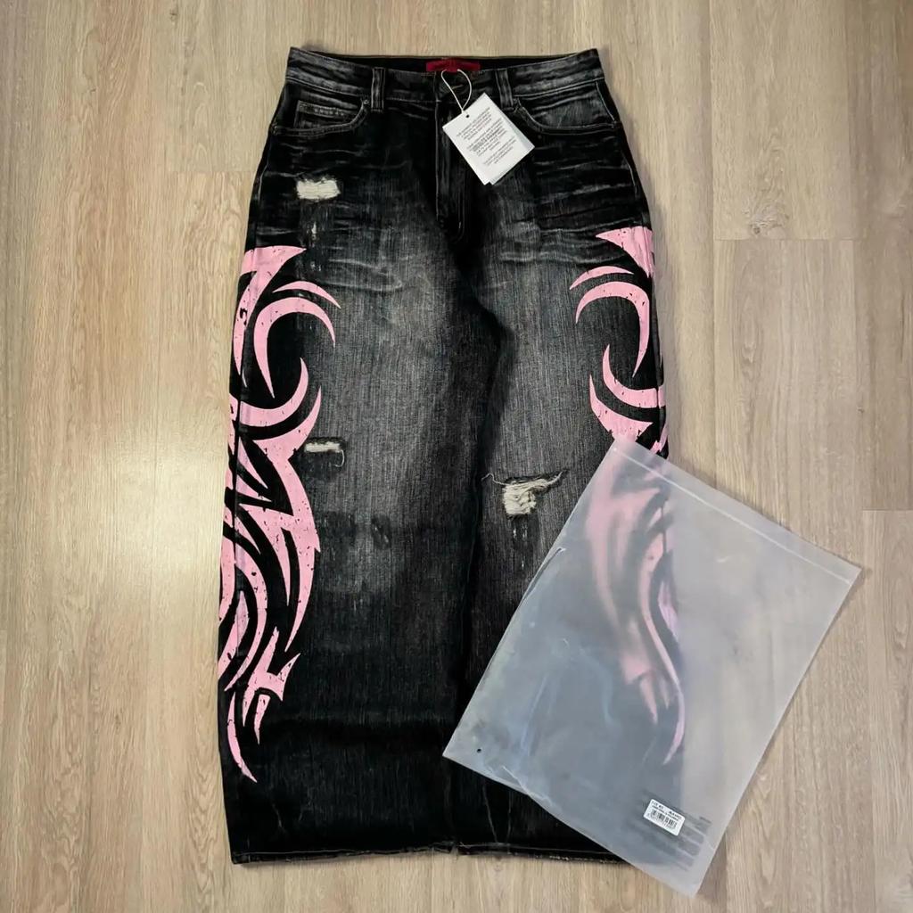 RogueWave Y2K Pink Baggy Jeans Vintage Printing Pattern Washed Ripped Jeans Hip Hop Streetwear Harajuku Men Women Casual Wide Leg Jeans