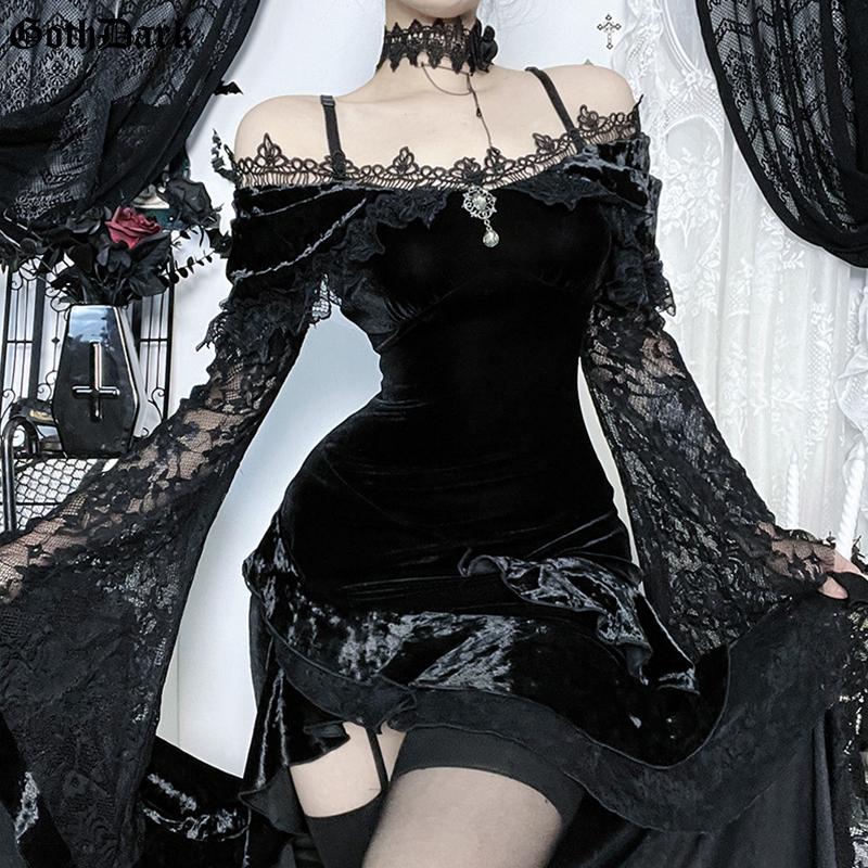 Goth Dark Flocking Lace Gothic Asymmetrical Maxi Dress Outfits for Women Mall Goth Embellished Off Shoulder Halloween Dresses