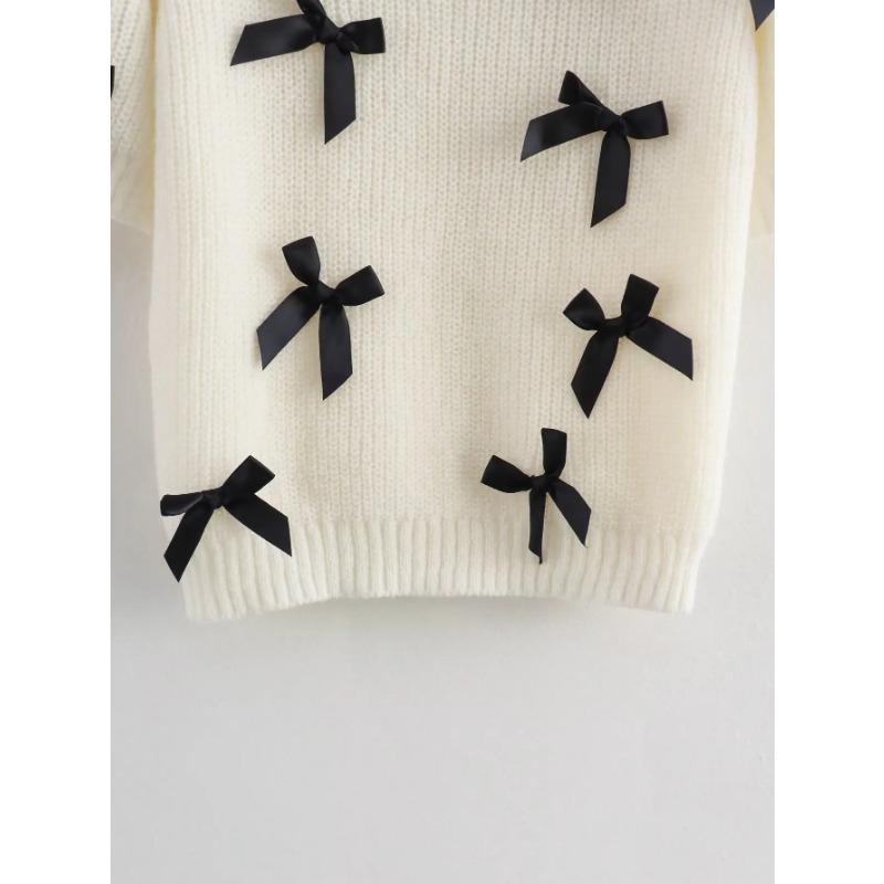 2024 Ранняя осень Новый дизайн Sense Niche Универсальный топ с круглым вырезом Белый с бантом Приталенный свитер с короткими рукавами