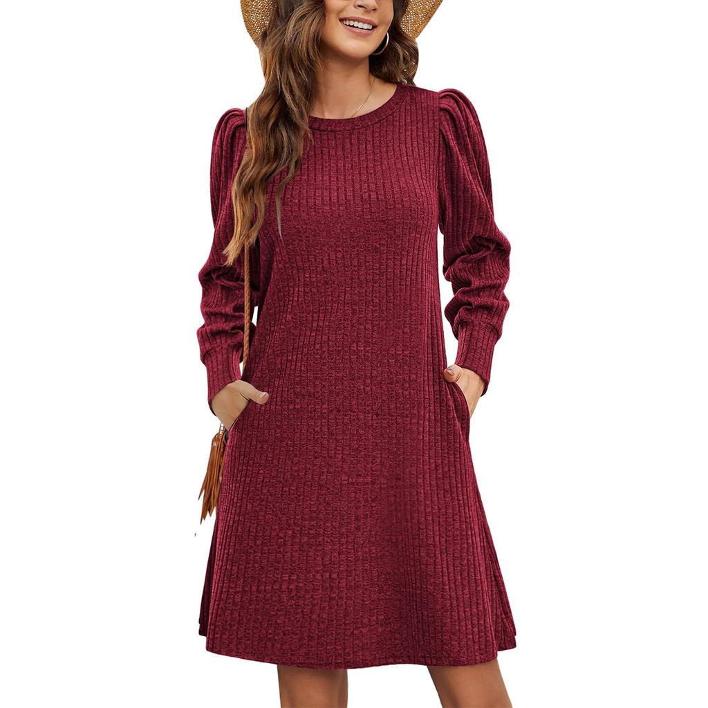 Women Casual Sweater Dress Winter Knitted Sundress Wiht Pockets Long Sleeve Tunic Clothes Keep Warm Midi Dresses