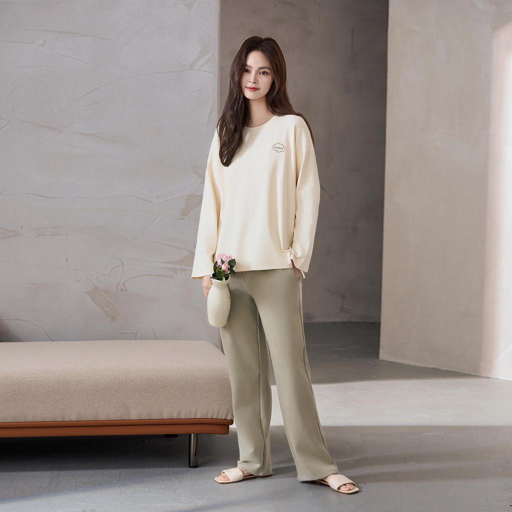 Женская пижама из чистого хлопка с вкладышами на грудь - с длинным рукавом, больших размеров, для осени/зимы. Для ношения на улице, Свободный домашний костюм.