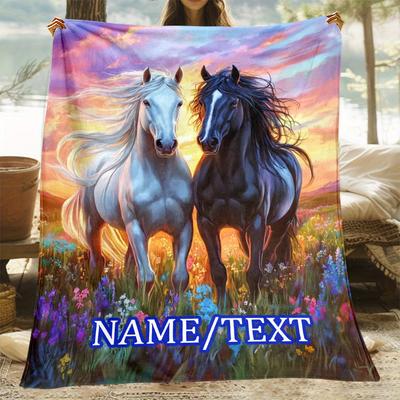 Personalized Horse Blanket Name Text Design Sunset Field Art Soft Fleece Throw Animal Lover Gift Home Decor