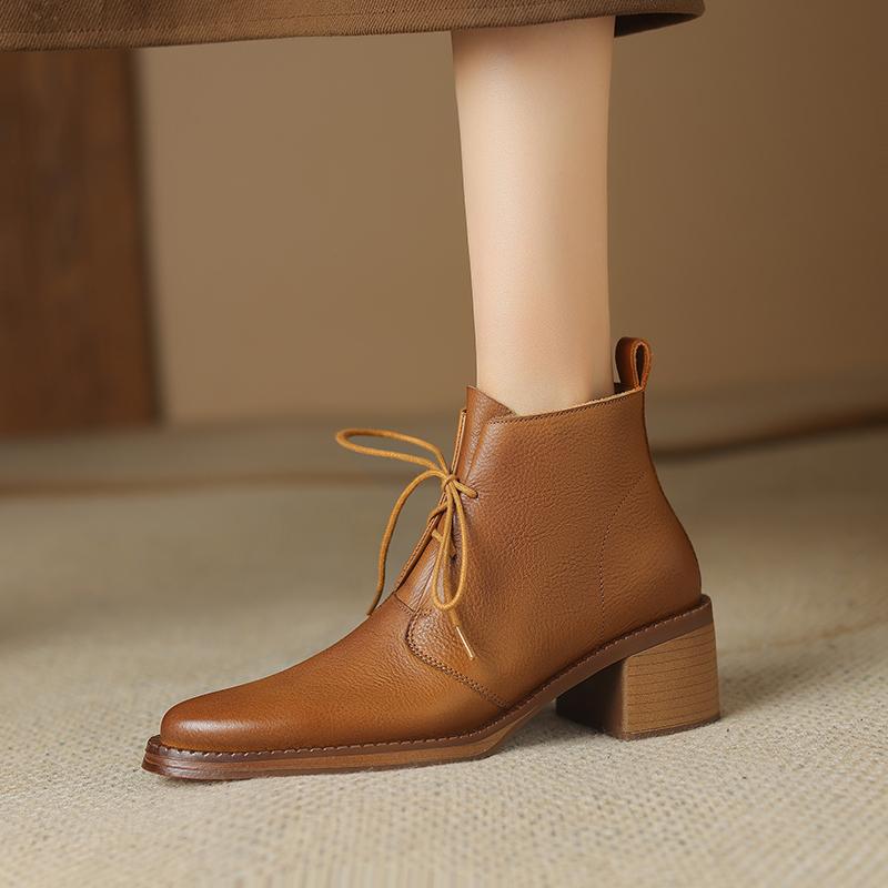 Женские ботинки на шнуровке 2024 года, натуральная кожаная обувь для женщин, с острым носком, на массивном высоком каблуке, в стиле вестерн, черные ковбойские сапоги