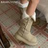 Зимние женские сапоги на платформе, высокие меховые туфли на среднем каблуке, короткие плюшевые мотоциклетные сапоги 2025 года, трендовые зимние ботинки на толстой подошве для женщин