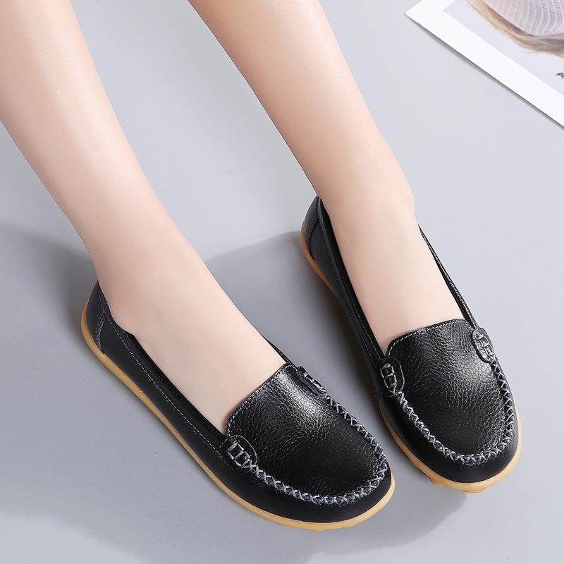 Shoes for Women Spring Large Size Genuine Leather Women's Shoes Round Toe Flat Casual Shoes for Women Non-slip Pregnant Women Bean Shoes for Women