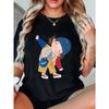 Women Casual Loose T Shirt Black Cartoon Boy With Blue Hat And Backpack Print For Everyday Wear
