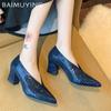 Chunky Women Shallow Shoes Pointed Toe Elegant Mid Heels Leather Pumps 2025 Trend Designer Dress Party Winter Femme Chaussures
