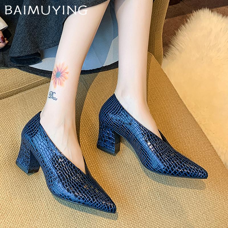 Chunky Women Shallow Shoes Pointed Toe Elegant Mid Heels Leather Pumps 2025 Trend Designer Dress Party Winter Femme Chaussures