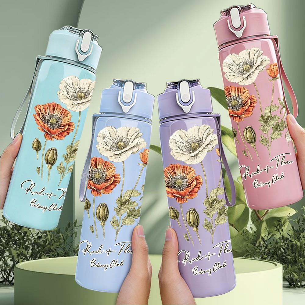1PC Poppy Wildflower Watercolor Art Print 750ml Color Plastic Sports Water Bottle Leakproof Flip Straw Lid Suitable for Sports Office Home Use