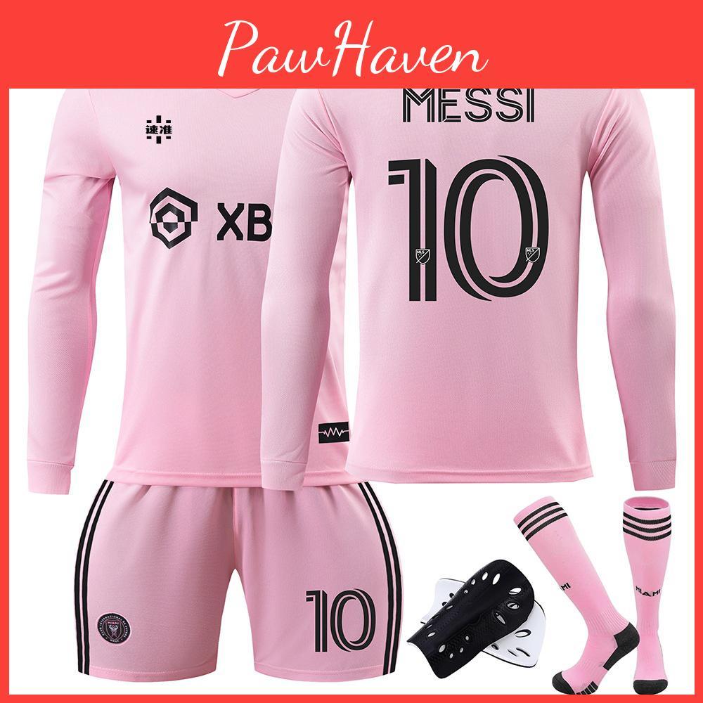 2324 Miami Long Sleeve Soccer Jersey Messi League Pink Home Kit With Socks
