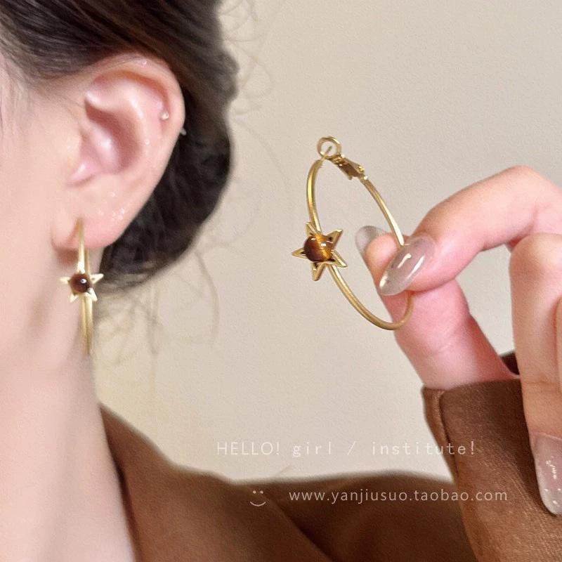 Gold tiger's eye stone large circle earrings women's retro light luxury temperament high-end earrings autumn and winter unique exaggerated earrings