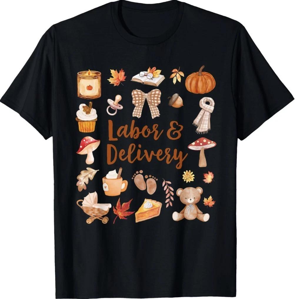 Fall Labor and Delivery Nurse Autumn Leaves Pumpkin Bow Bear T-Shirt