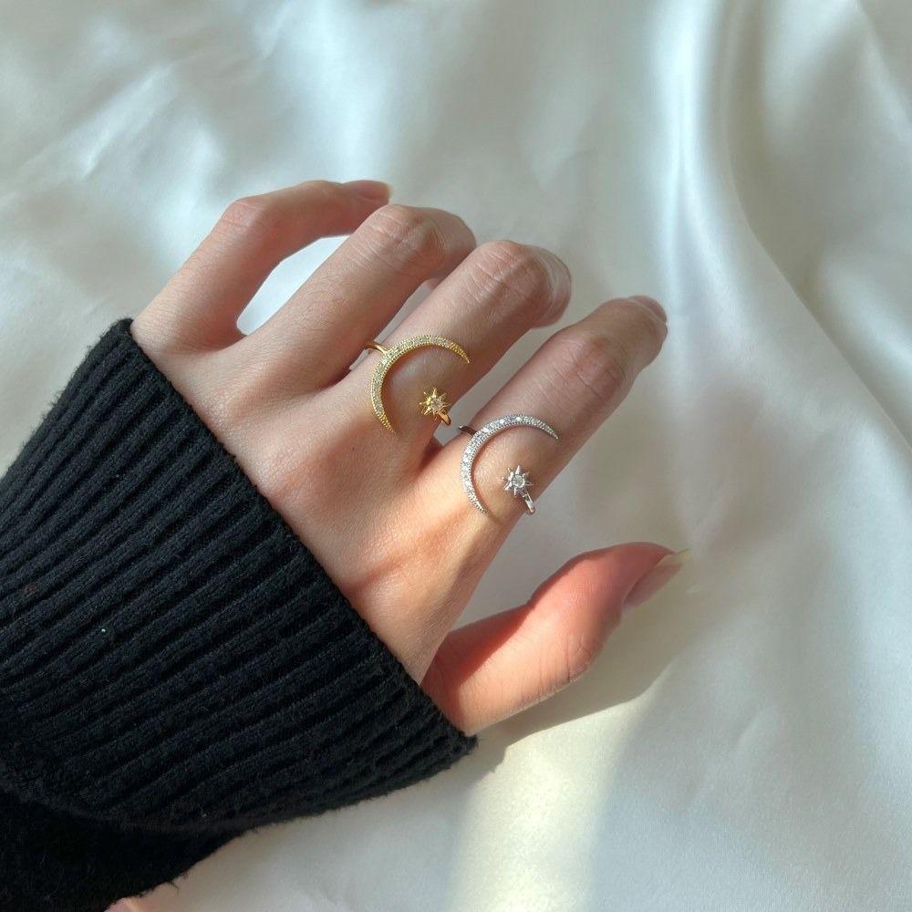 Корейский стиль кольцо для пары кольцо с полумесяцем из страз ретро кольца с открытием в виде звезды и луны друг