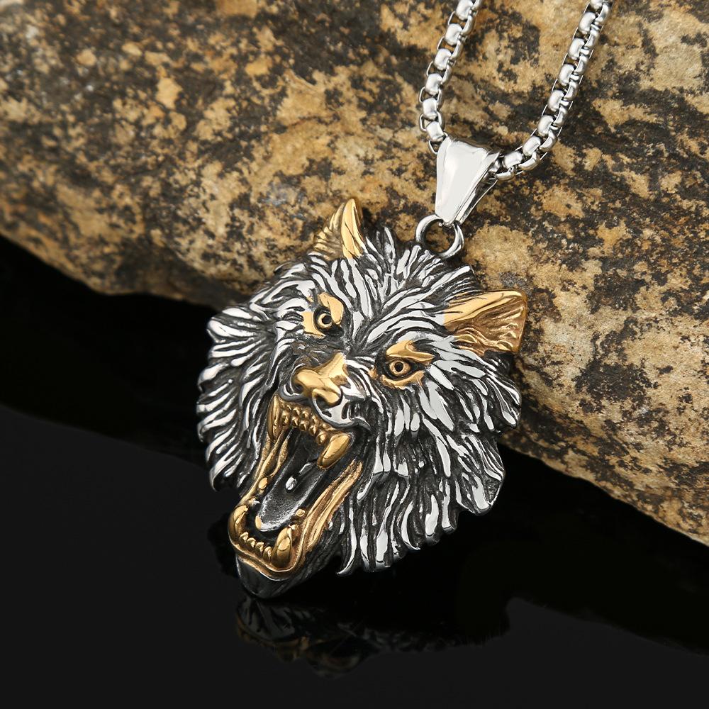 Nordic Hip Hop Retro Titanium Steel Men's Necklace Does Not Fade Domineering Personality Stainless Steel Viking Wolf Head Pendant