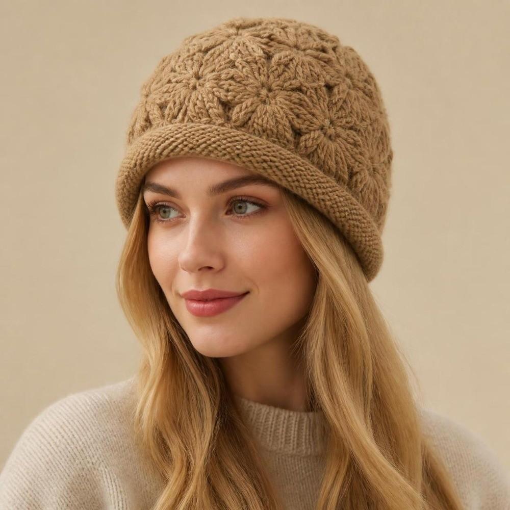Hollow Handmade Crochet Hat Double-Layer Rolled Edge Cap Warm Thick Winter Hat Outdoor