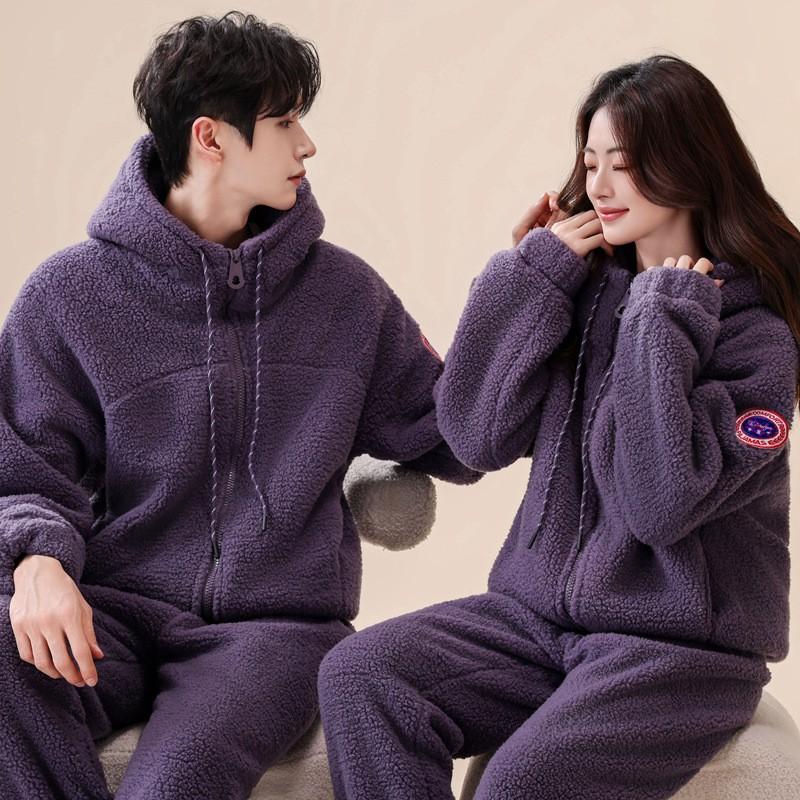 Couple Coral Fleece Pajamas Set Thick Warm Winter Loungewear Men Women