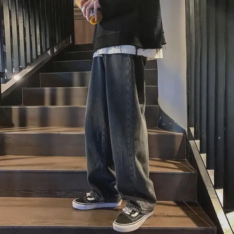 Men's Black Retro Wide-Leg Jeans - New Autumn Trend, High Street Style, Straight Loose Fit, Large Size Available.