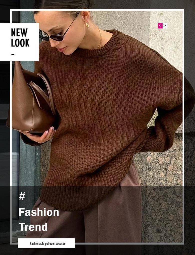 Женский однотонный свитер-пуловер в рубчик - Осень/Зима, Свободный крой, Круглый вырез, Повседневный стиль