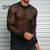 Men Mesh Top Ultra Thin See-through O Neck Long Sleeves Solid Color Stretchy Loose Fit Muscle-Enhancing Party Homewear Club Dance Performance T-shirt