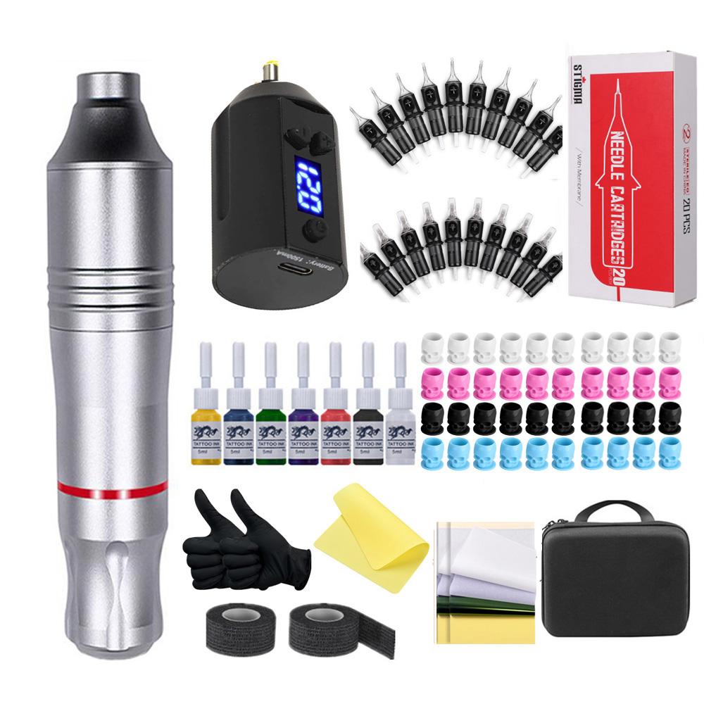Беспроводной набор тату-ручек Полный комплект для татуировки Вращающийся шнур постоянного тока с 7-цветными чернилами Мини-мощный аккумулятор Источник питания Аксессуары для лайнера-шейдера