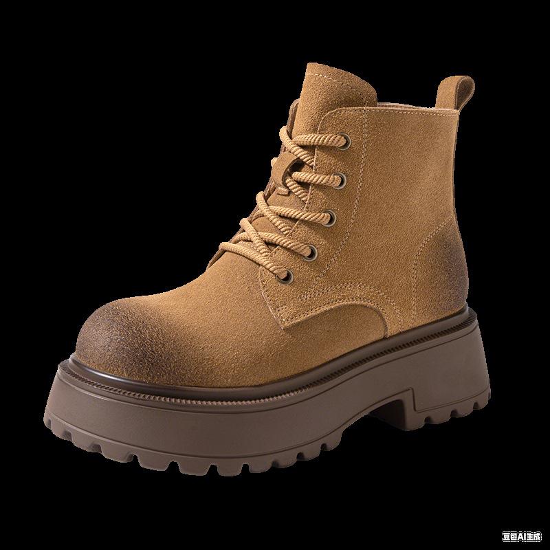 Fashion Thick-soled Heightening Martin Boots Women's Autumn New Retro Thin Polished Short Boots Lace-up Rhubarb Boots