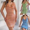 Spring Summer Contrasting Color Striped Knitted Body-hugging Dress Halter Vacation Dress Women's Clothing