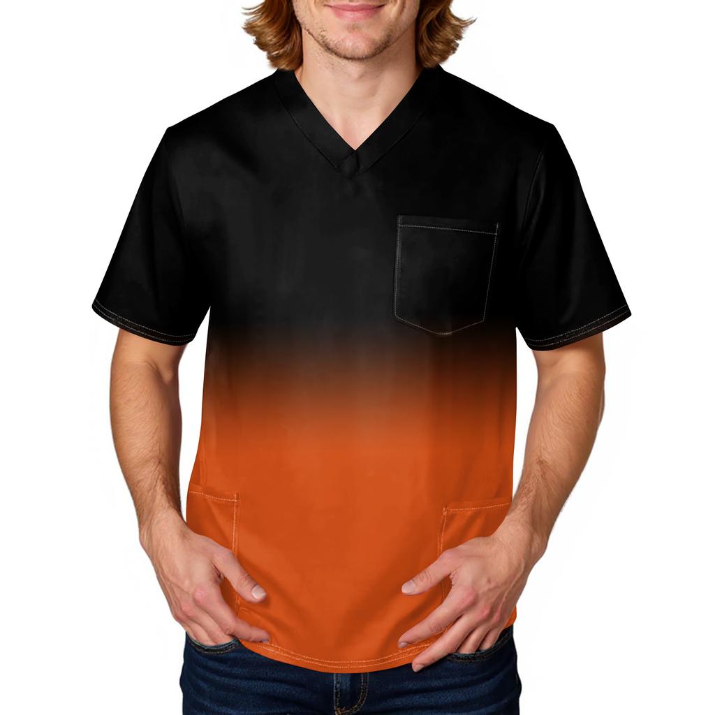 Men's Printing Short Sleeve V-neck Working Blouse Chest Pocket Carer Top