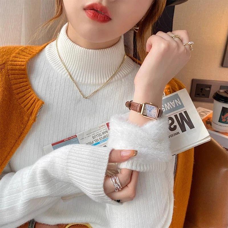 Женский свитер с полувысоким воротником и плюшем, зимний утолщенный внутренний вязаный базовый топ, однотонный универсальный теплый верх