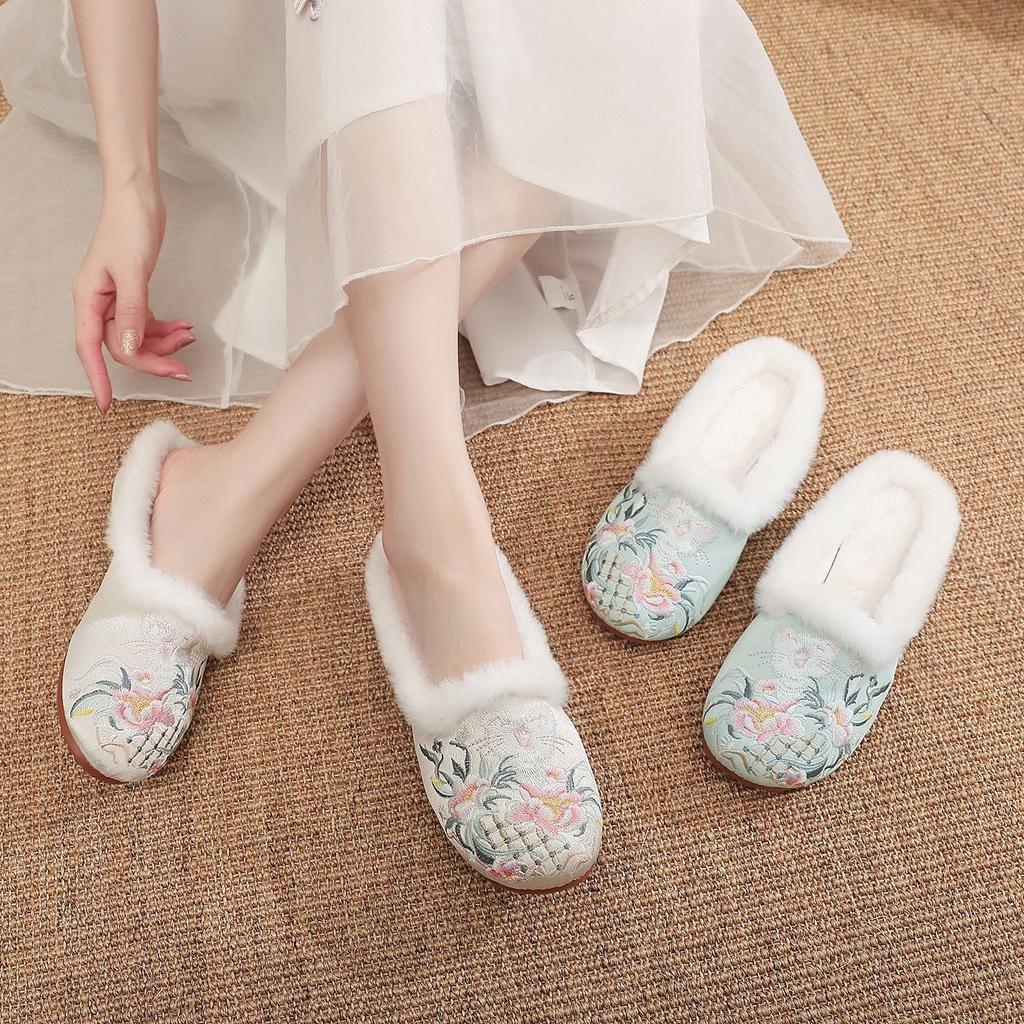 [Meow] 2025 Winter Fleece Old Beijing Cotton Women's Slippers Ethnic Style Embroidery Home Slippers Women