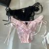 Mesh Ruffle Floral Bowknot Panties Bow Ribbon Female Lingerie Lace Flower Transparent Briefs  Lady