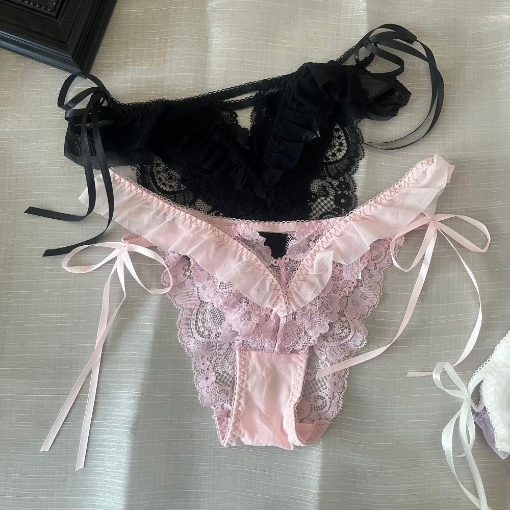 Mesh Ruffle Floral Bowknot Panties Bow Ribbon Female Lingerie Lace Flower Transparent Briefs Lady