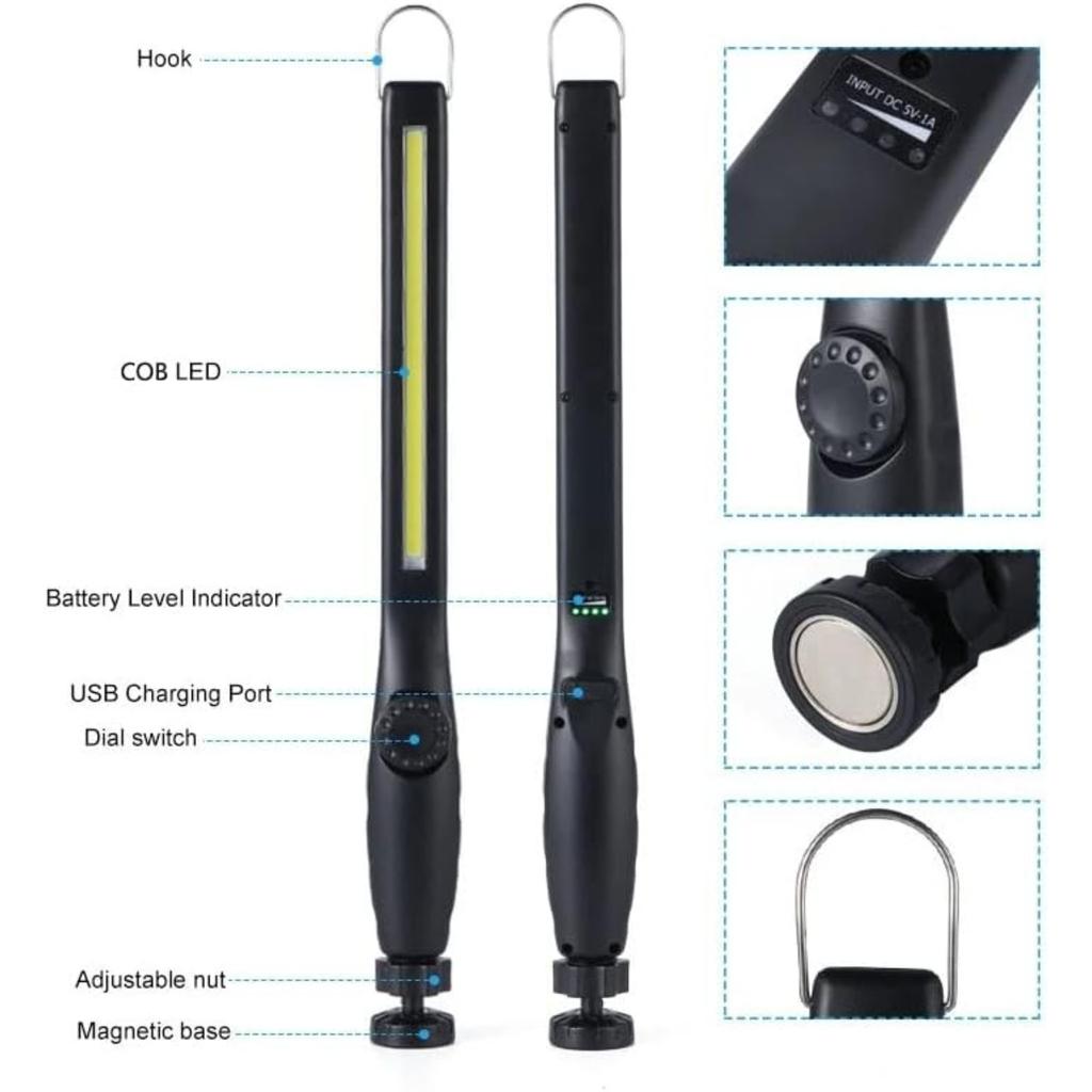 Светодиодный рабочий фонарь, лампа для мастерской, перезаряжаемая инспекционная лампа COB с магнитной рабочей лампой для ремонта автомобилей, мастерской, гаража, кемпинга, аварийного освещения