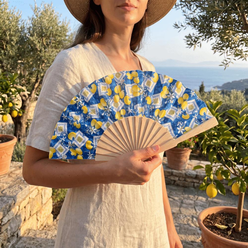 Wooden Handle Folding Hand Fan Lemon Print Hand Cranked Fan Lightweight Handheld Fan Photography