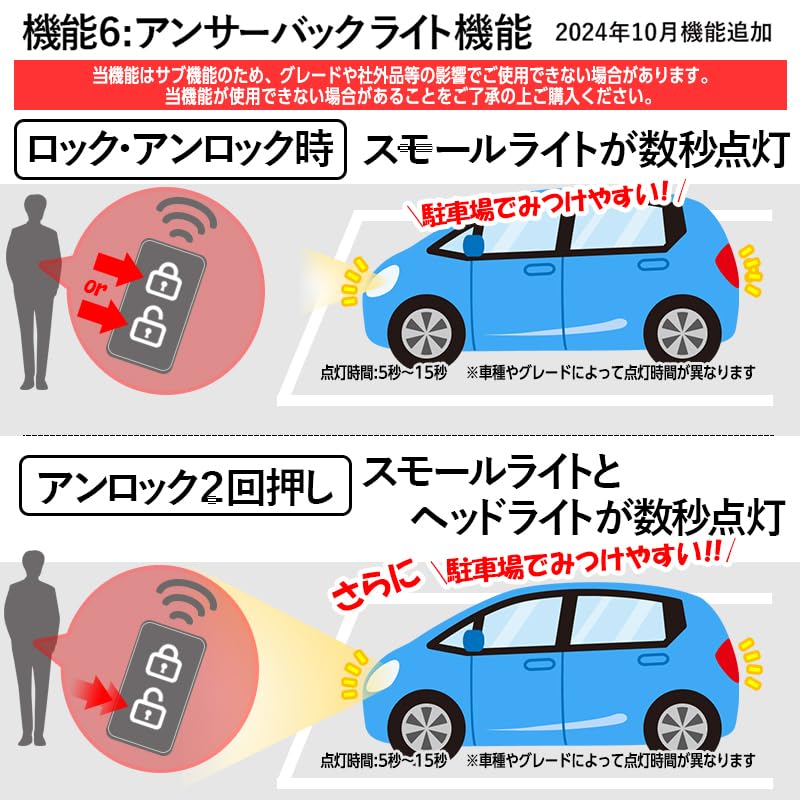 Совместим с автомобилями Sienta и NCP175G, оснащенными системой безопасности, которая включает пять функций, в том числе предупреждение об опасности при открытии двери, задний ход, аварийная сигнализация и автоматическая повторная блокировка.
